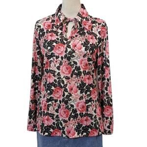Vintage 70s Floral Boho Blouse L Handmade Stretchy Pink Black Pullover Top
